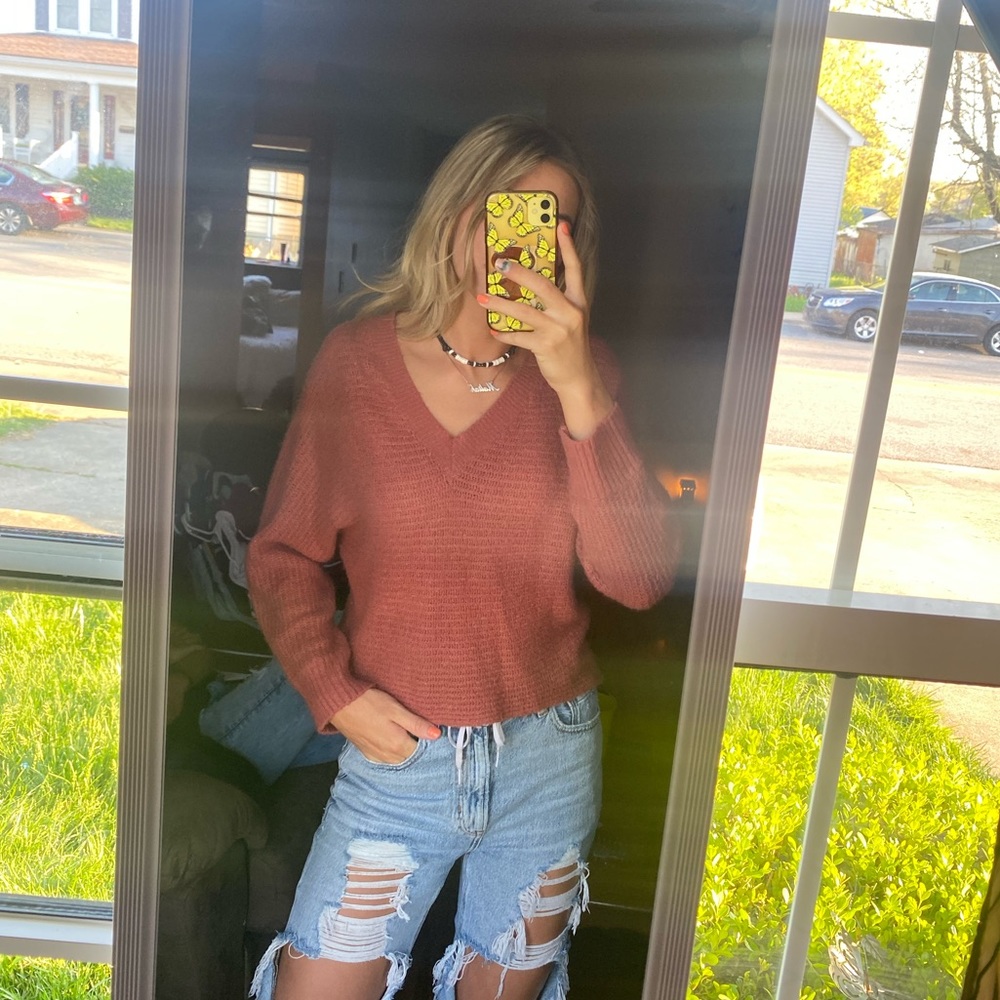 Burgundy Off the shoulder/V-neck Sweater